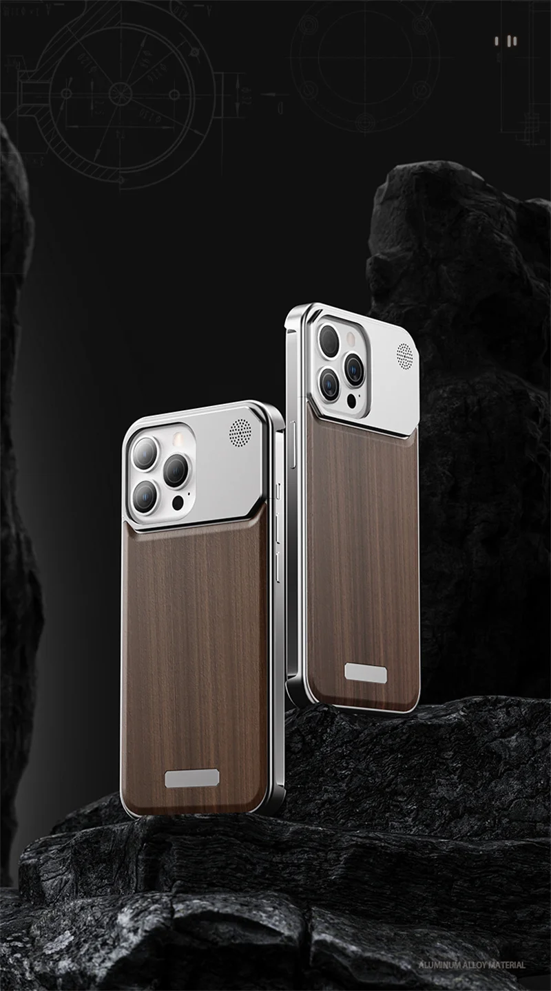 Luxury Peach Wood Metal Phone Case For iPhone 14 15 Pro Max Borderless Aromatherapy Magnetic Four Corner Anti Drop Phone Cover