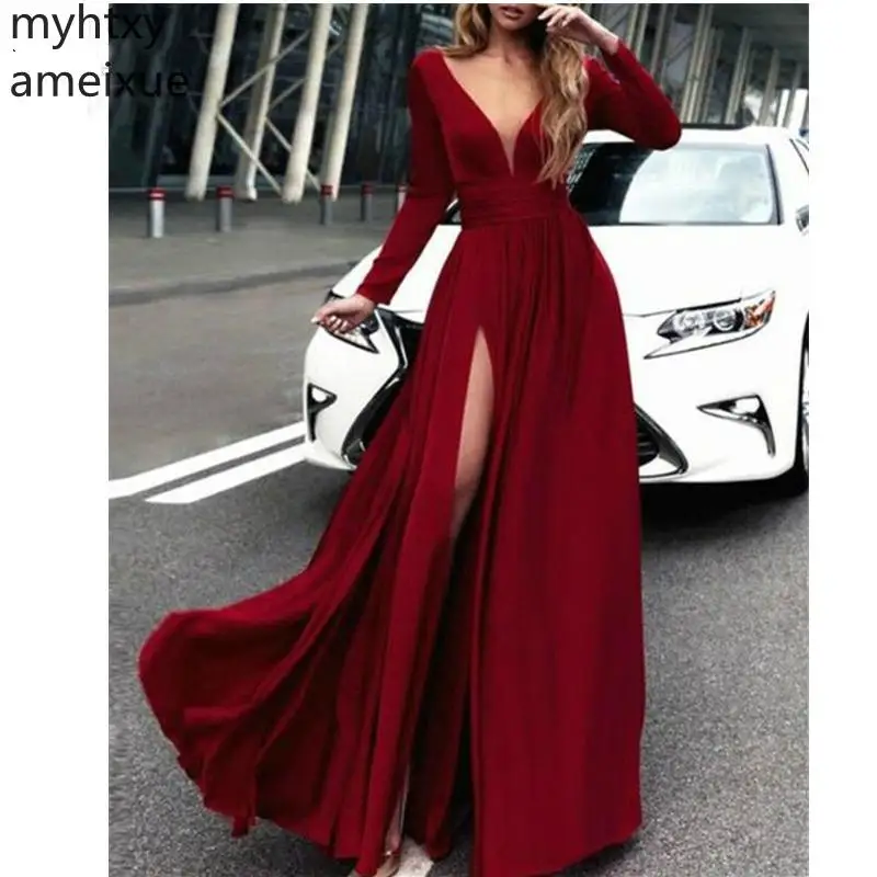 

Party Hot Style Red Evening Dress 2023 Long Sleeve Plus Size V Neck A Line High Quality Chiffon Robe De Soire Event Dress