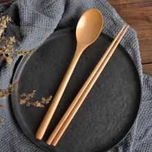 Wooden Spoon Chopsticks Set Korean Wood Soup For Eating Mixing Strring Handle Wooden Tableware Set Japan Style