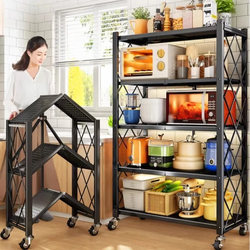 Storage Rack Foldable Metal Storage Shelves Large Iron Frame Multifunctional Living Room Rack Kitchen Shelf Wheels