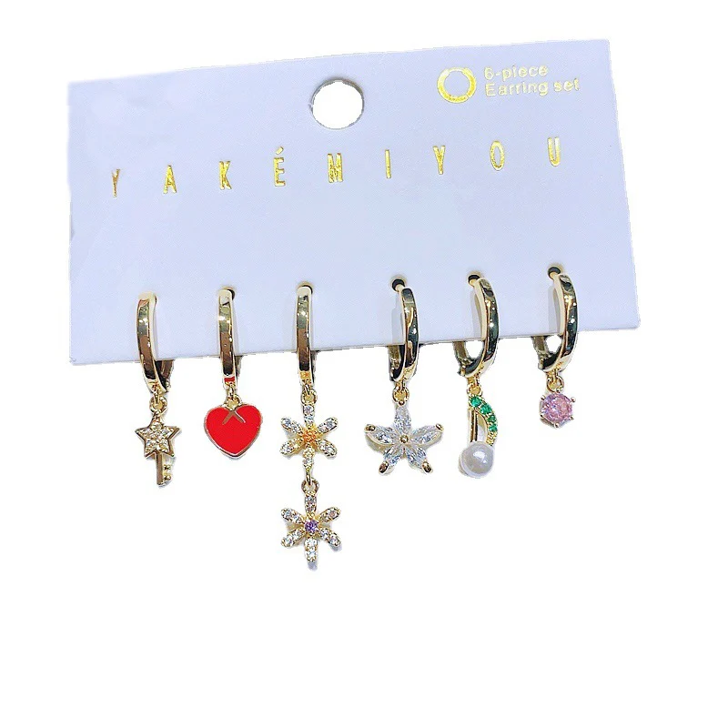 MIGGA 6pcs Mix and Match Huggie Earrings Set Gold Color Zircon Heart Flower Dangle Earrings for Women 6