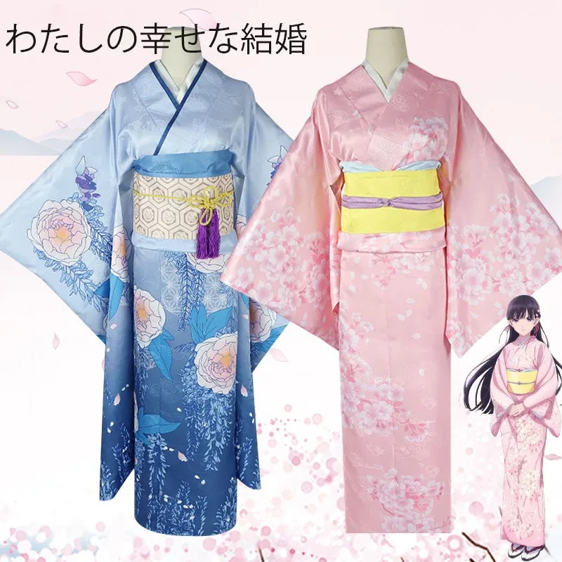 

Anime My Happy Marriage Miyo Saimori Cosplay Costume Kimono Pink Blue Dress Outfit Wig Japanese Clothing Halloween Party Women