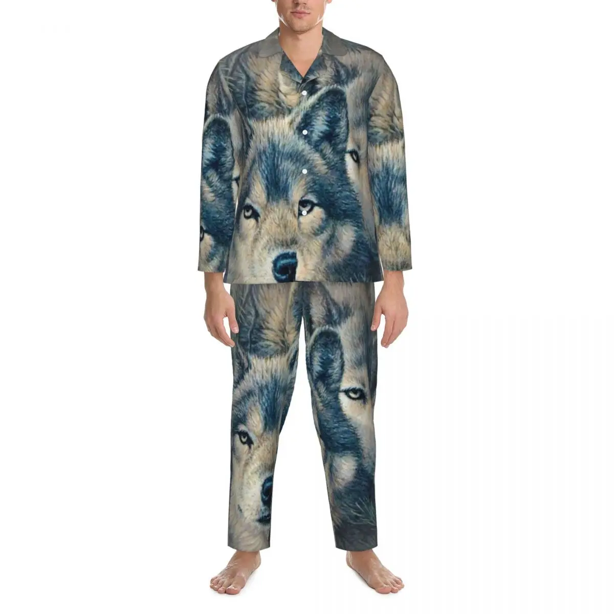 

Pajamas Men Wolf Sleep Nightwear Animal Print 2 Pieces Casual Pajamas Set Long Sleeve Soft Oversized Home Suit