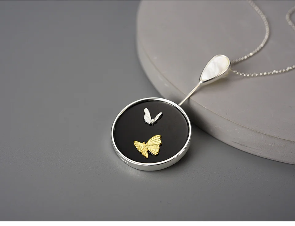Silver Round Natural Agate Stone Butterfly Pendants and Necklaces