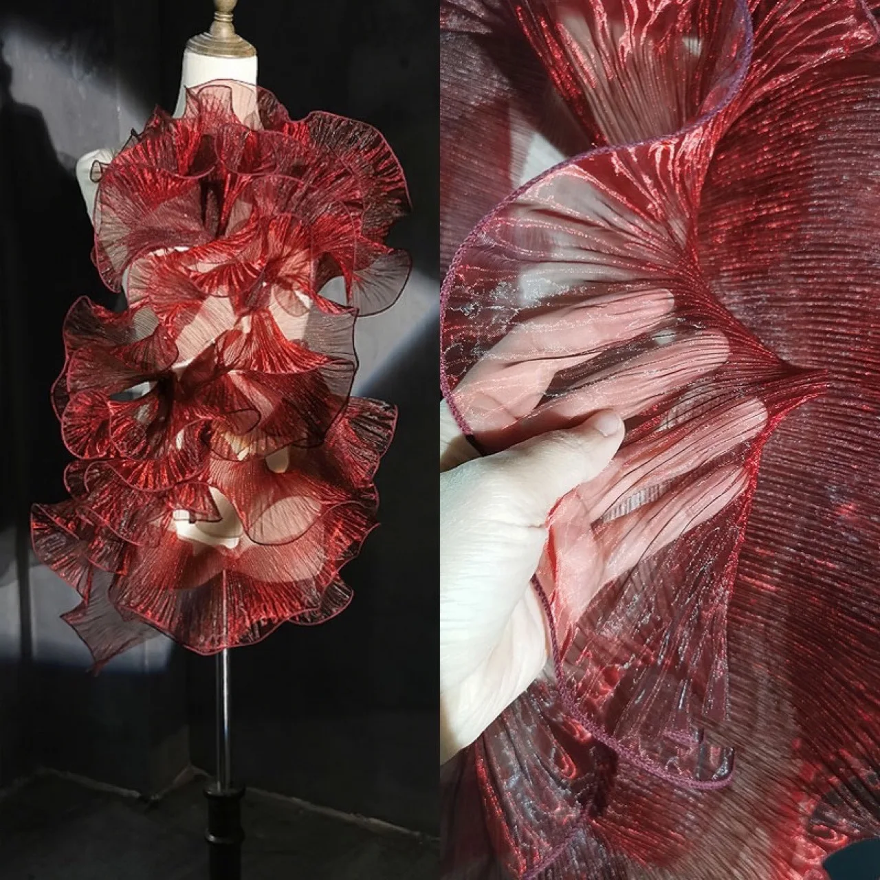 

Jube Red Organza Transparent Big Wave Lace Pleated Ruffle Wedding Dress Accessories Designer DIY Sewing Fabric Mateial 1 Yard