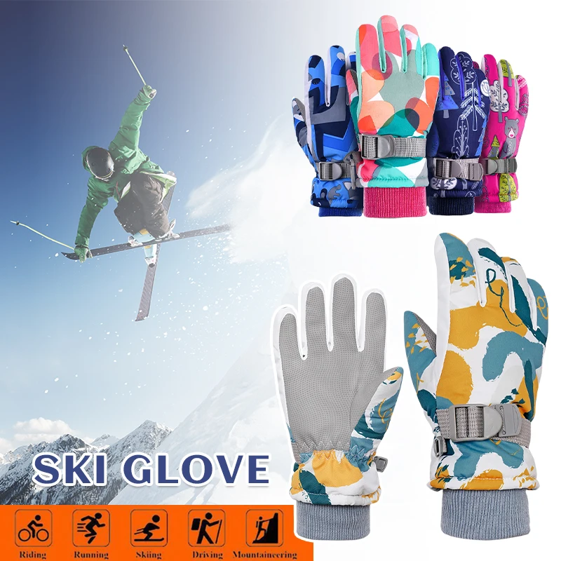 Kids Keep Warm Gloves Waterproof Winter Outdoor Snowboard Glove Cartoon Print Thermal Ski Mitten Breathable for Running Cycling