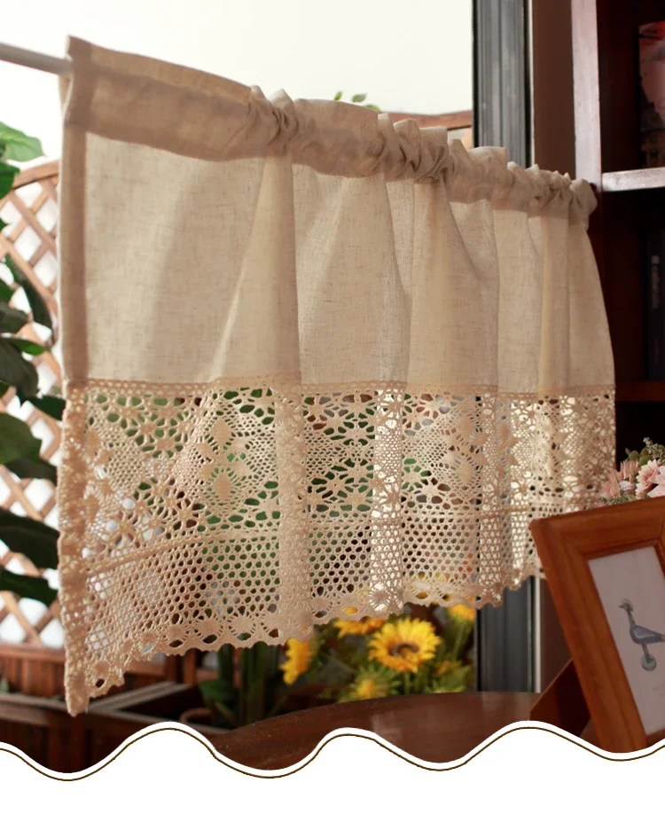 Description Picture 4 of itemHandmade Cotton Linen Kitchen Short Curtains Crochet Lace Hollow Tassel Beige Valance Curtains Cafe Kitchen Door Window Drapes