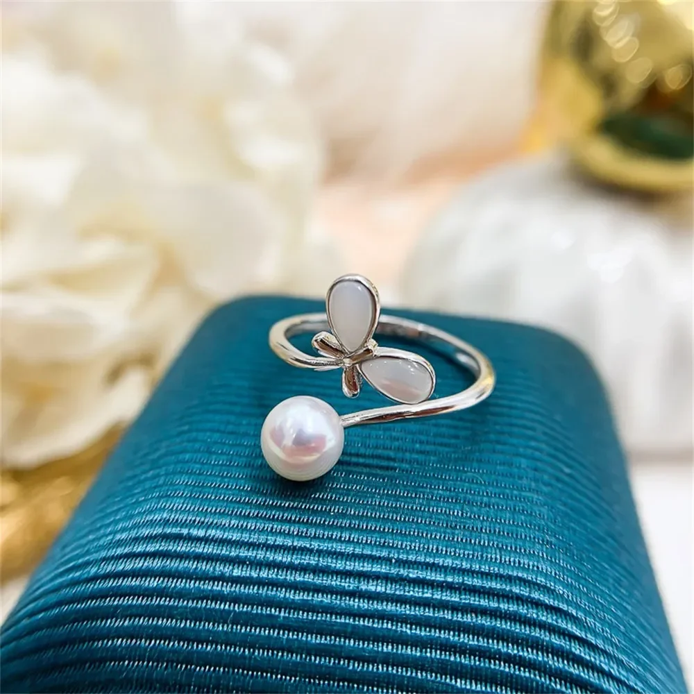 

DIY Pearl Ring Accessories S925 Sterling Silver Ring Empty Holder Butterfly Ring Silver Jewelry Fit 7-7mm Round Flat Beads Z131