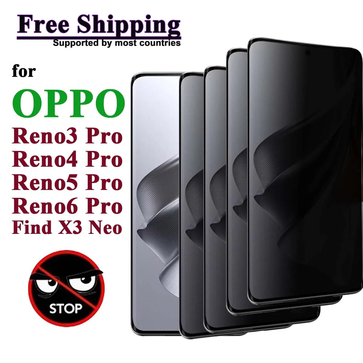 

Anti Spy Screen Protector For OPPO Reno 3 4 5 6 Pro Find X3 Neo, 3D Privacy Tempered Glass 9H Peep Case Friendly Free Shipping