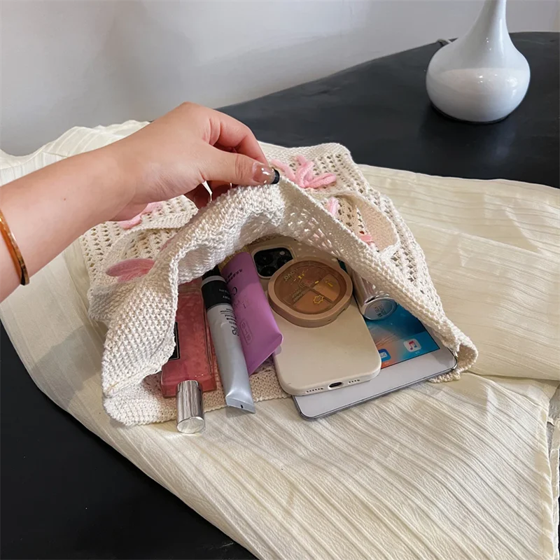 Women Knitted Shoulder Bag with Bow Crochet Beach Tote Bag Woven Hobo Bag Large Capacity Hollow Out Handbag for Outdoor Travel