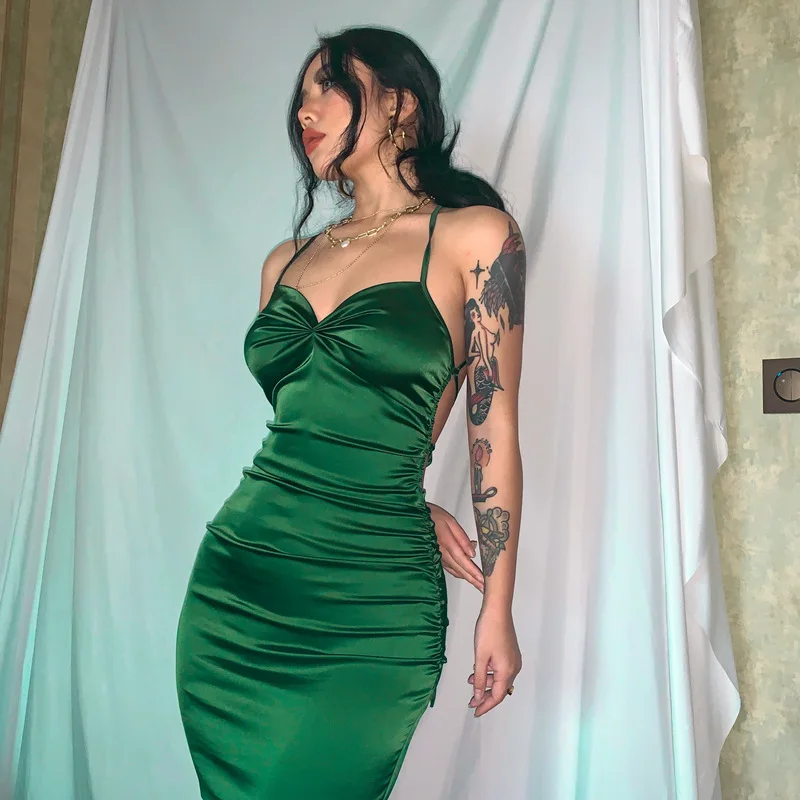 Women Dress Summer Neon Satin Lace Up Women Bodycon Long Midi Dresses Ladies Sleeveless Backless Sexy Cocktail Mermaid Gown