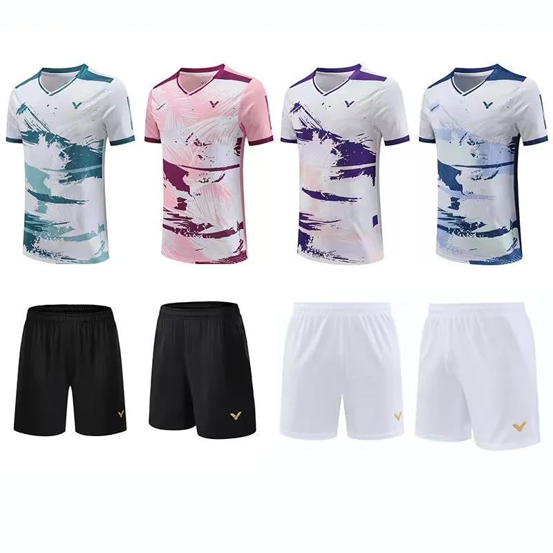 men's and women's badminton T-shirt quick dry breathable V-neck half sleeve tennis clothing can be