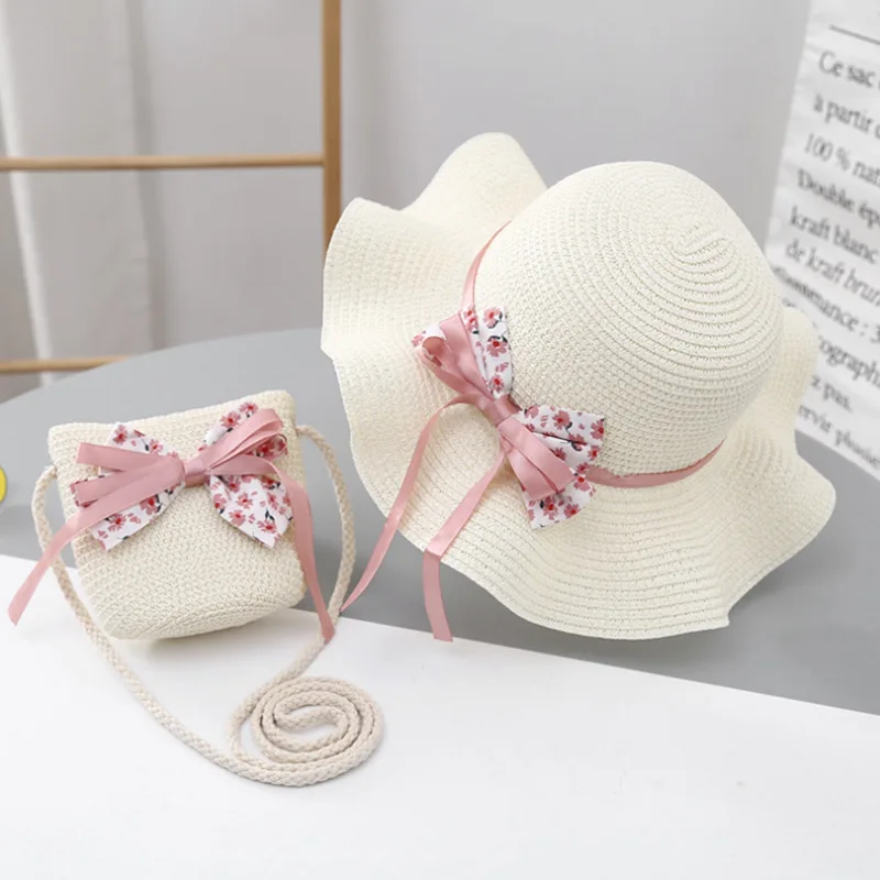 Fashion Style Kids Hat for Girls 2-7Y Straw Children's SunshadeCap Bag Summer Baby Travel Sunscreen Beach HatSun Fisherman Cap