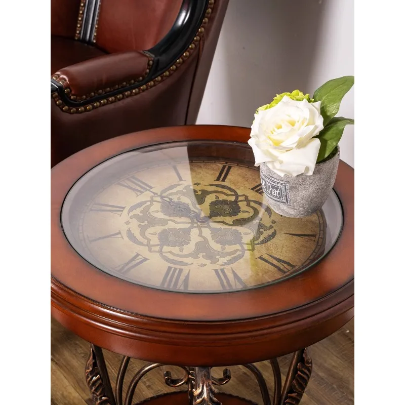 Maillard caramel color American sofa edge several European solid wood small round table painted corner several metal retro coffe