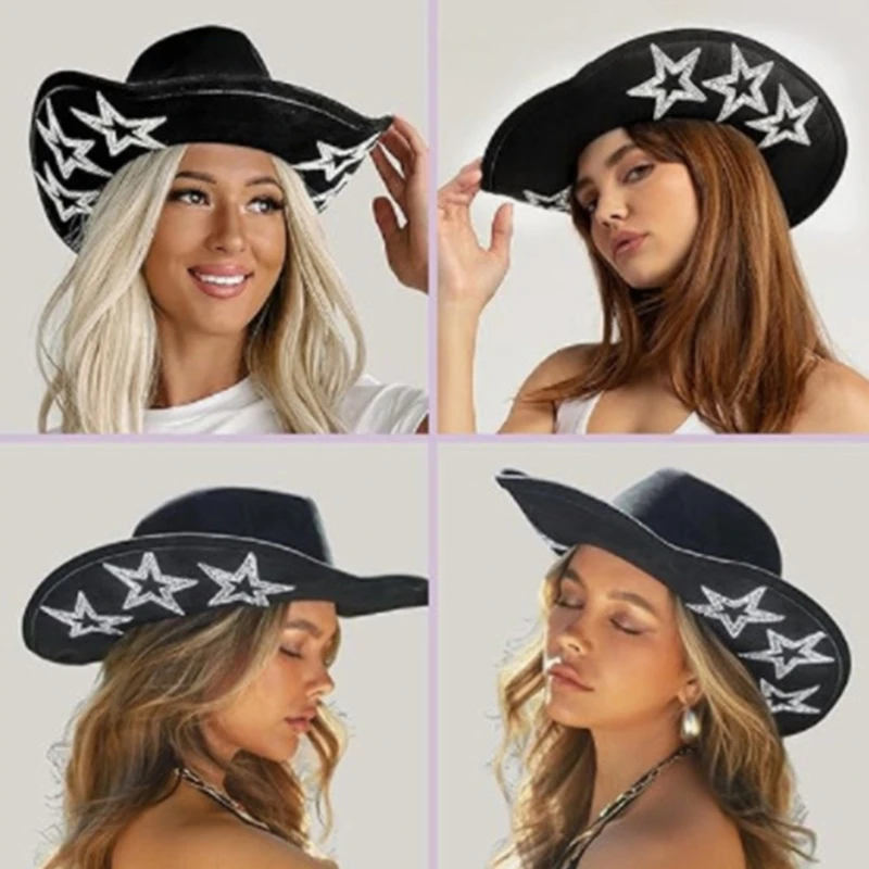 Stylish Rhinestone Star Pattern Cowgirl Cap Women Large Brim Western Felt Cowboy Hat for Stage Performance Club Dace Fedora Hat