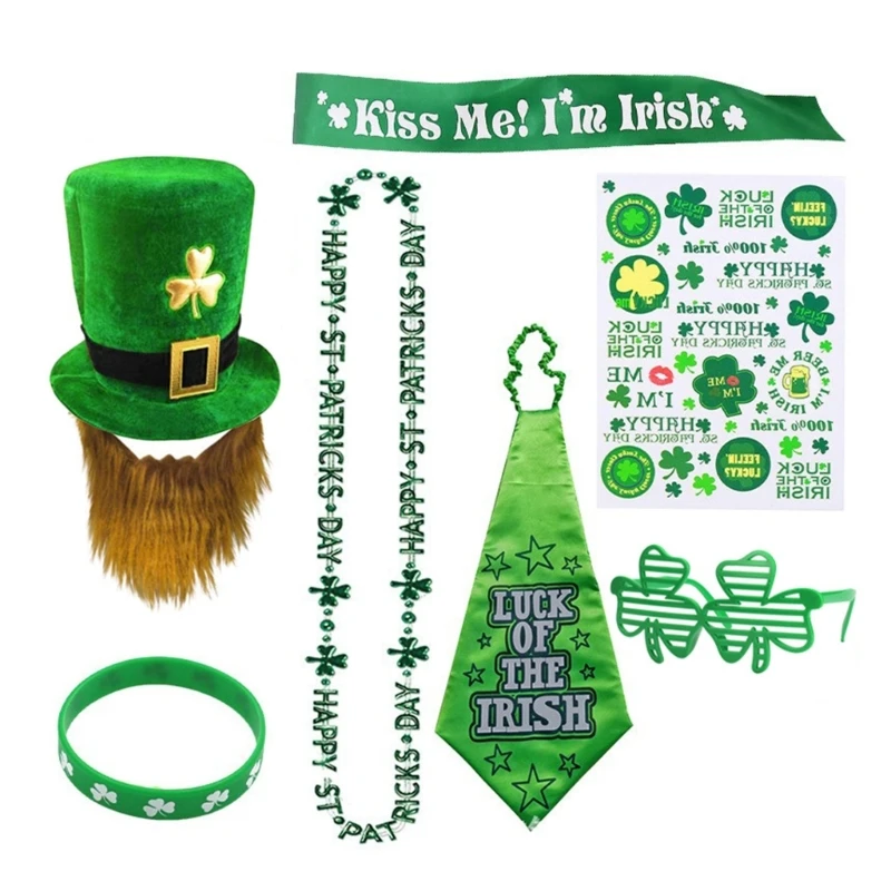 

7Pcs Irish Day Costume Set Patrick Day Leprechaun Hat with Beard, Tie, Braclelet