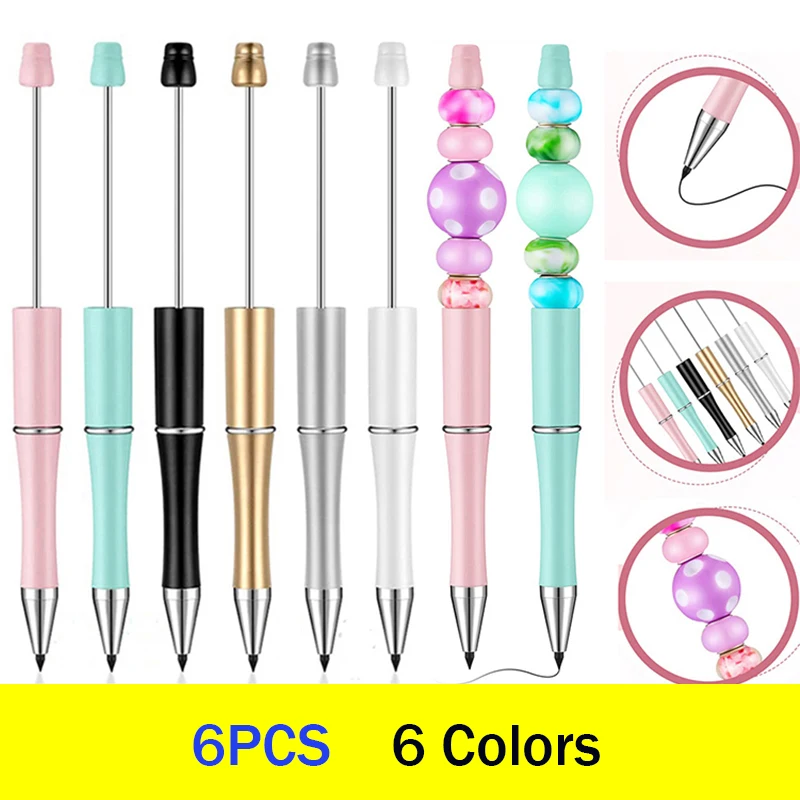 

6Pcs DIY Beadable Pencil Inkless Pencil Plastic Bead Everlasting Pencil Infinity Reusable Pencil for Writing Drawing DIY Gift