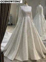 Luxury Satin Appliques Wedding Dress for Bride Long Sleeve High Neck Dubai Arabic Hijab Muslim Bride Gown Vestidos De Novia 1