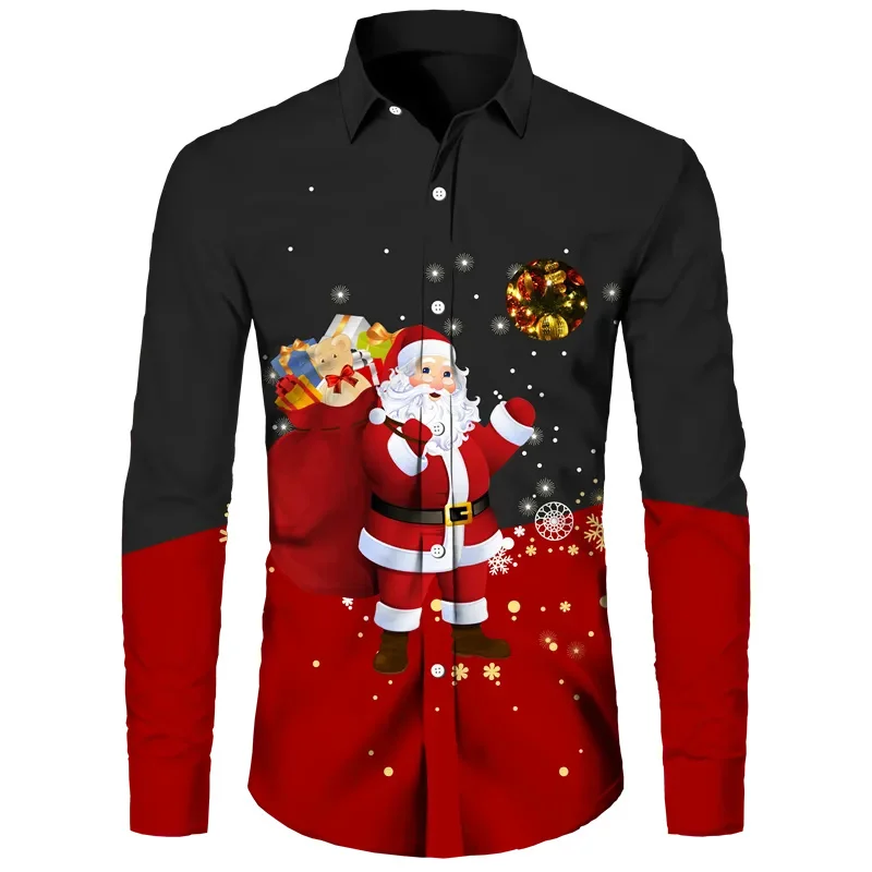 2023 Christmas Collection Men's Casual Party Lapel Long Sleeve Printed Versatile Large Size Shirt