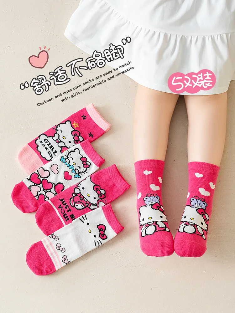 5 Pairs Sanrio Hello kitty Kids Socks Kawaii New Fall Cartoon Children mid-calf socks Cotton Sock for Girls Gifts 2