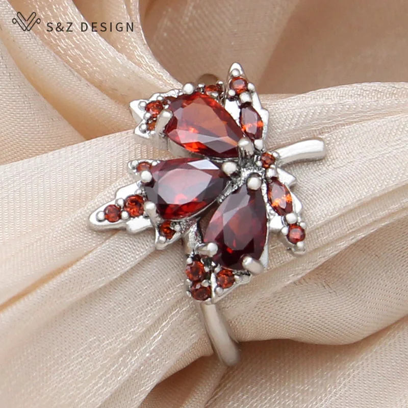 S&Z DESIGN New Fashion Cubic Zirconia Leaf Red Maple Adjustable Rings For Women Wedding Elegant 585 Rose Gold Color Jewelry Gift
