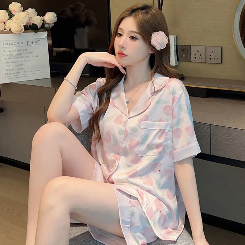 Summer Women's Thin Simulation Silk Pajamas Lapel Short Sleeve Cardigan Shorts Luxury Home Clothing Set Sweet Cute Sleepwear