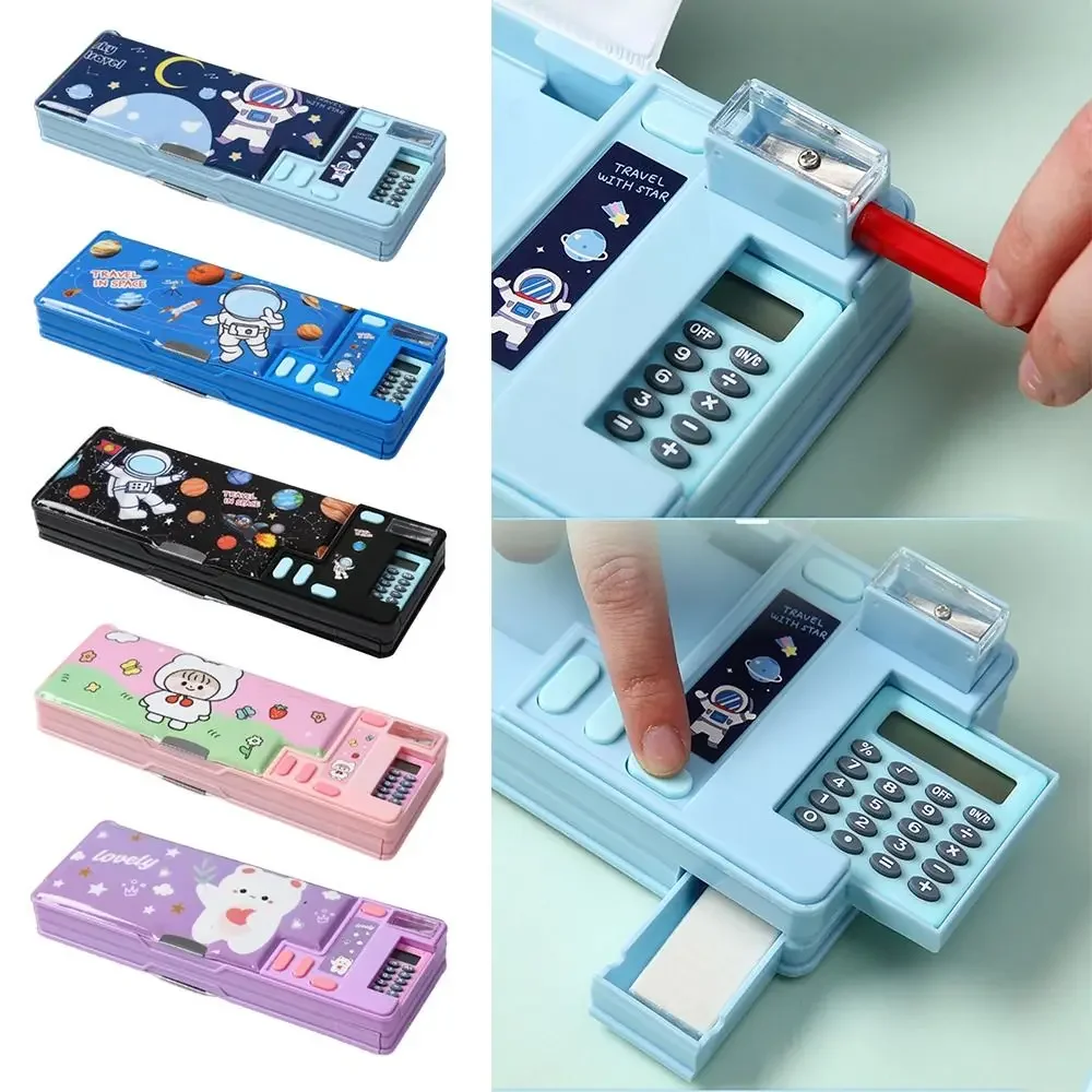 Pencil Cases Double Layer Pencil Case Astronaut/Animal Design Pencil Sharpener Box Plastic With Calculator Stationery Organizer