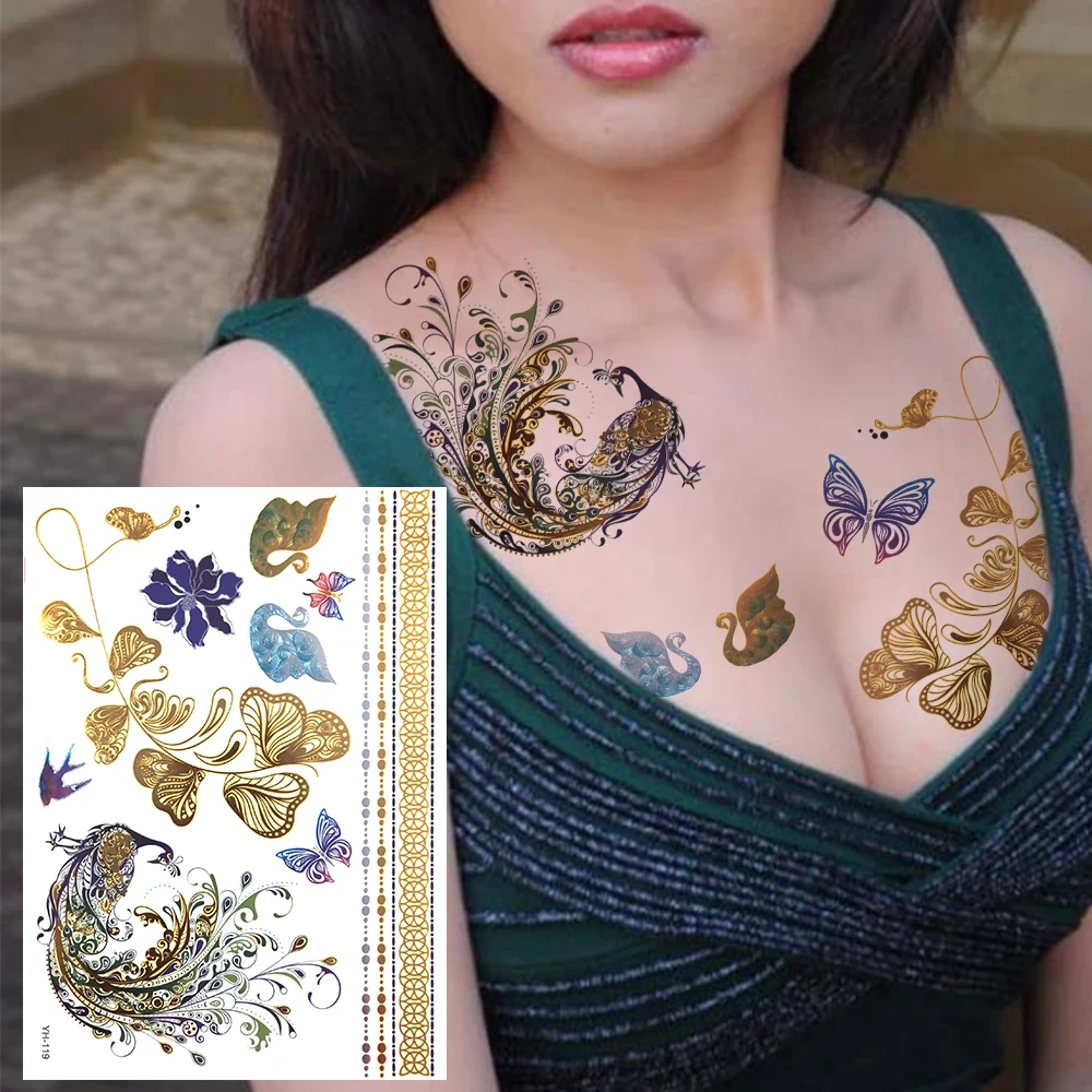 

DIY Peacock Butterfly Temporary Tattoos For Women Adult Realistic Flower Elephant Fake Tatoo Gold Waterproof Body Tattoo Sticker