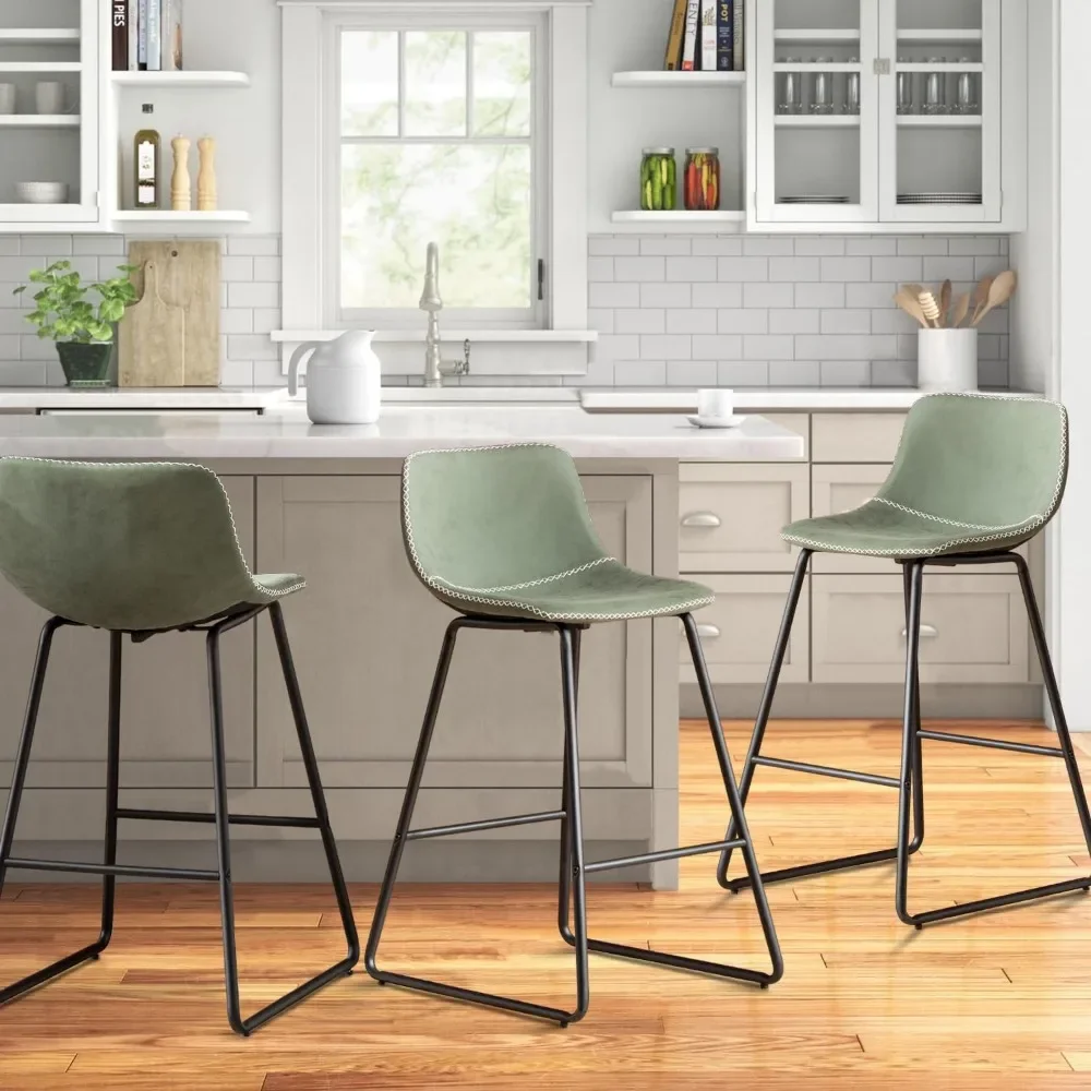 Bar Stools Set of 3 26 Inch Barstools Metal Legs Faux Leather Counter Height Bar Stools Chairs