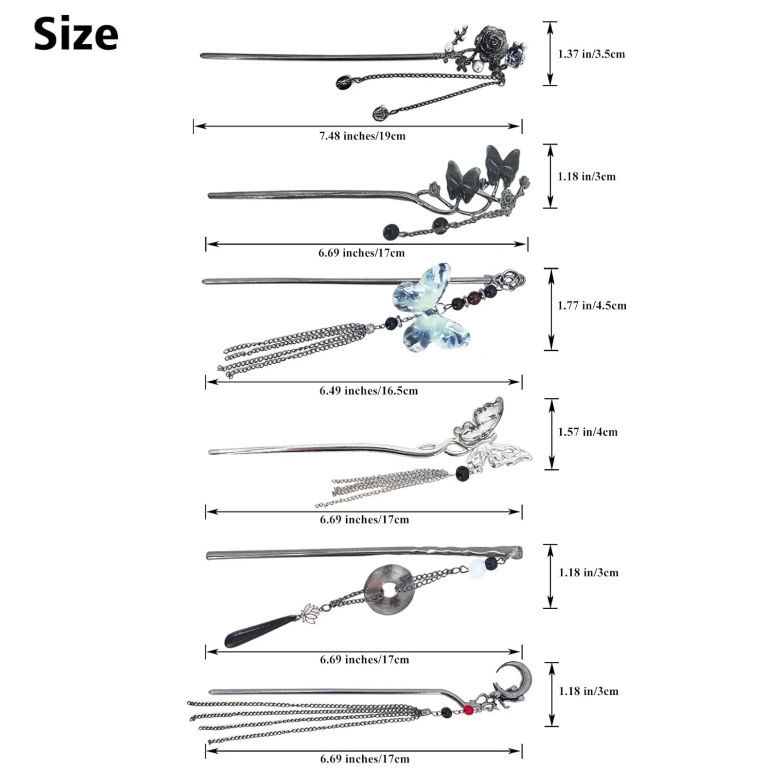 1PC Chinese - Style Hairpin Collection, 6 - Piece Set with Butterfly, Rose and Crescent Moon Designs, Elegant Tassel Decor