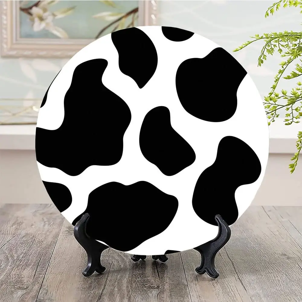 

Ceramic Display Plate,Cow Print Ceramic Hanging Decorative Plate,Hide of Cow with Black Spots Abstract and Plain,Decor Household