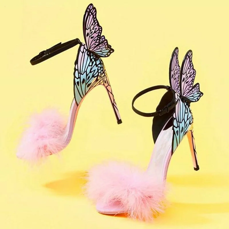 

Женские босоножки из страусиного меха, милые сандалии с открытым носком, туфли на шпильке с открытым носком, задняя 3D обувь для свадьбы, Розовое перо, крыло бабочки