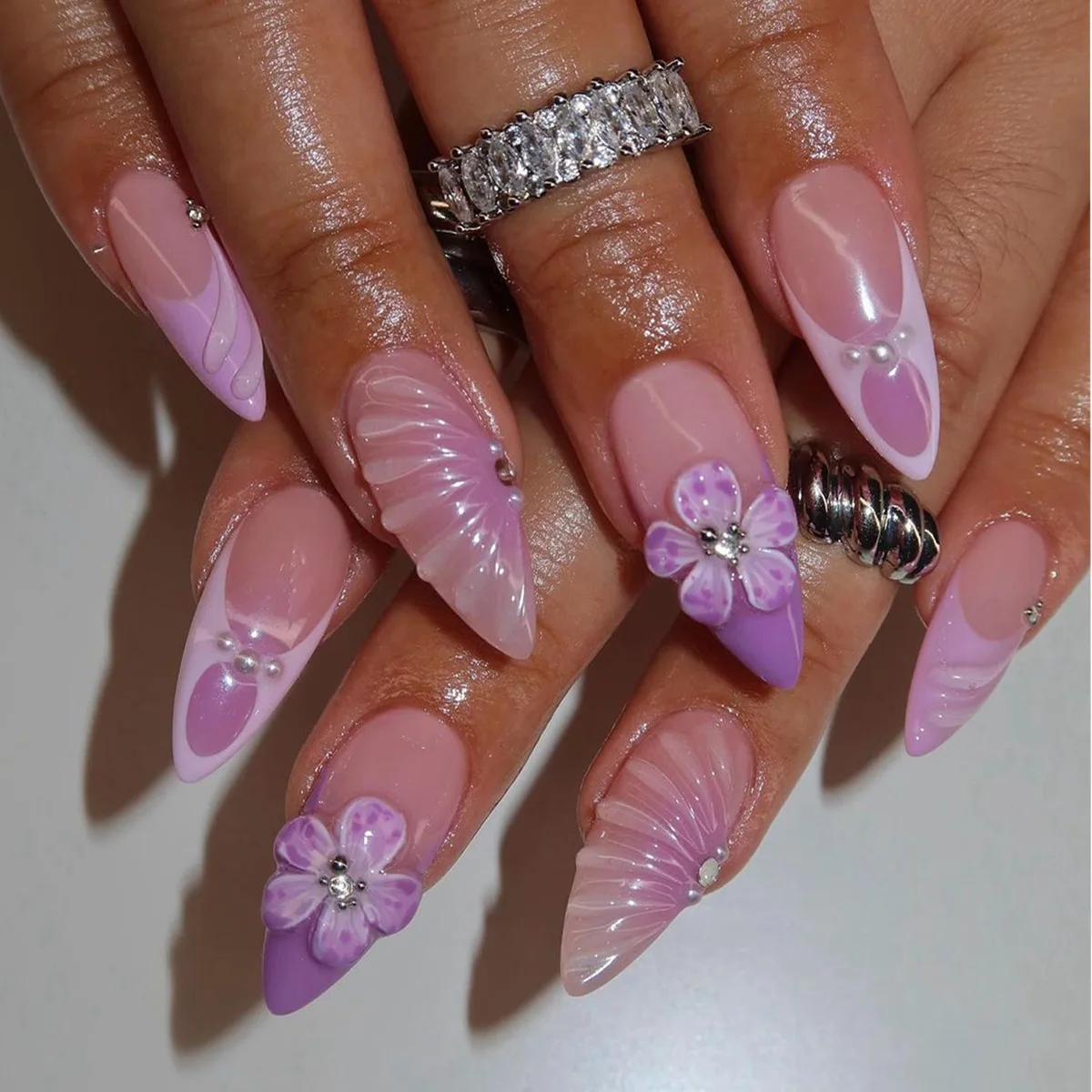 24PCS Pink Almond Press-On Nails with 3D Floral Design and Golden Pearl Accent