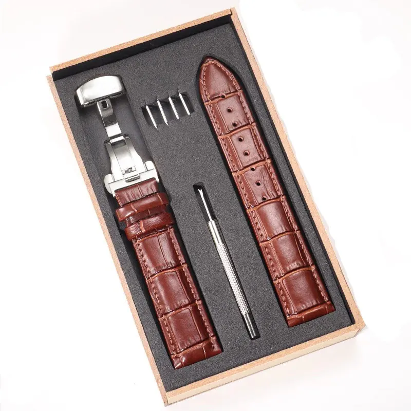 Elegant Genuine Leather Watch Strap with Wooden Box and Butterfly Clasp