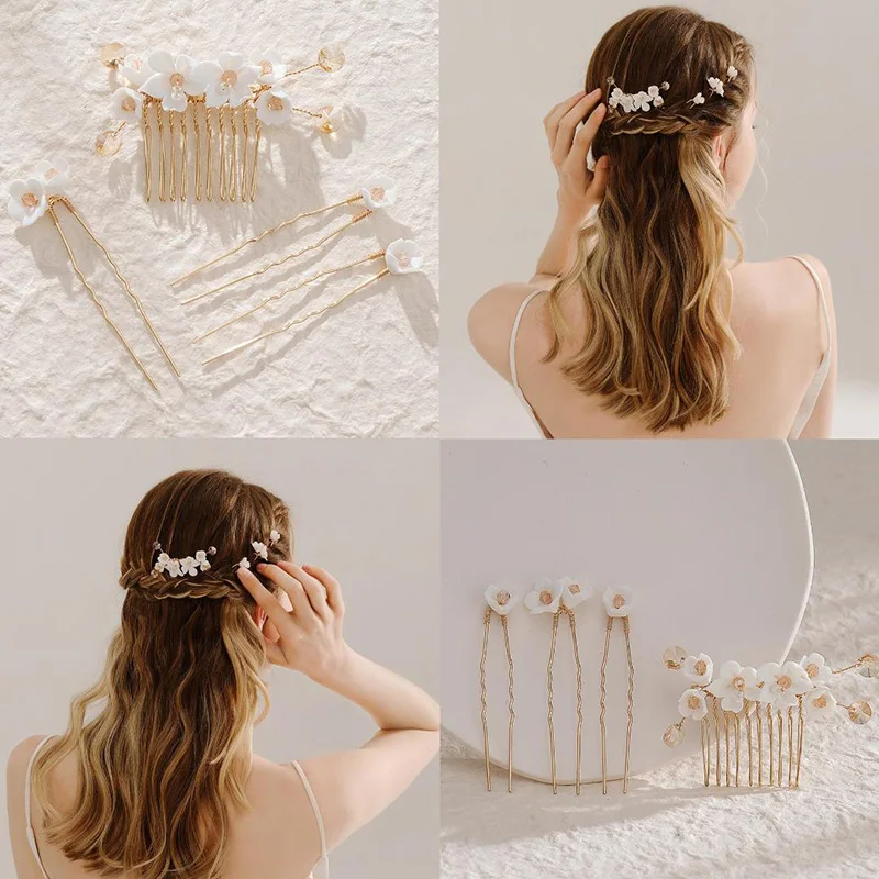 Luxury Pearls Wedding Flower Hair Comb Bride Hair Pins Clips Set Cute Fork Headpieces for Women Jewelry Gift Accessory hair accessories bridal hair accessories bridal jewelry set