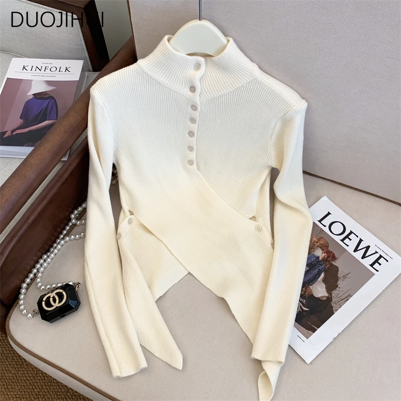 

DUOJIHUI Chic Neck Simple Solid Color Slim Sweater Women Pullovers Autumn Basic Knitting Fashion Button Casual Female Pullovers