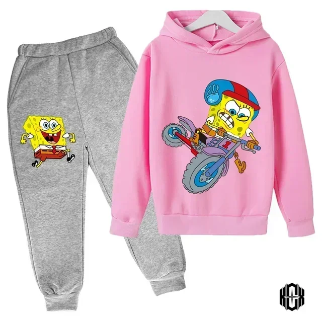 thumbnail image 1 of Conjunto de sudadera y pantalón con capucha de Bob Esponja para niños y niñas, chándal de dibujos animados de primavera, ropa para niñas pequeñas, sudadera de manga larga y pantalón, 2 piezas, 1 of 5
