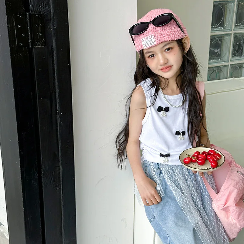 

Girls Blouse 2024 Summer New Childrens Clothing CuHK Children Foreign Style Pearl Bow Design Vest Casual Simple and Match