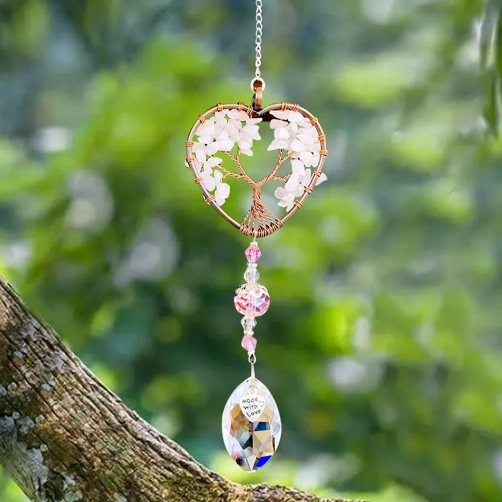 Crystal Pendant Sun Catcher 1PC Love Heart Tree of Life Kabbalah Quartz Prism Glass Crystal Pendant Agate Chakras Energy Stone Meditation DIY Garden Hanging