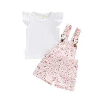 Abbigliamento per bambini Completi estivi per ragazze Abbigliamento per bambini Top girocollo a maniche corte + Set di pantaloni corti con bretelle stampate con fiori