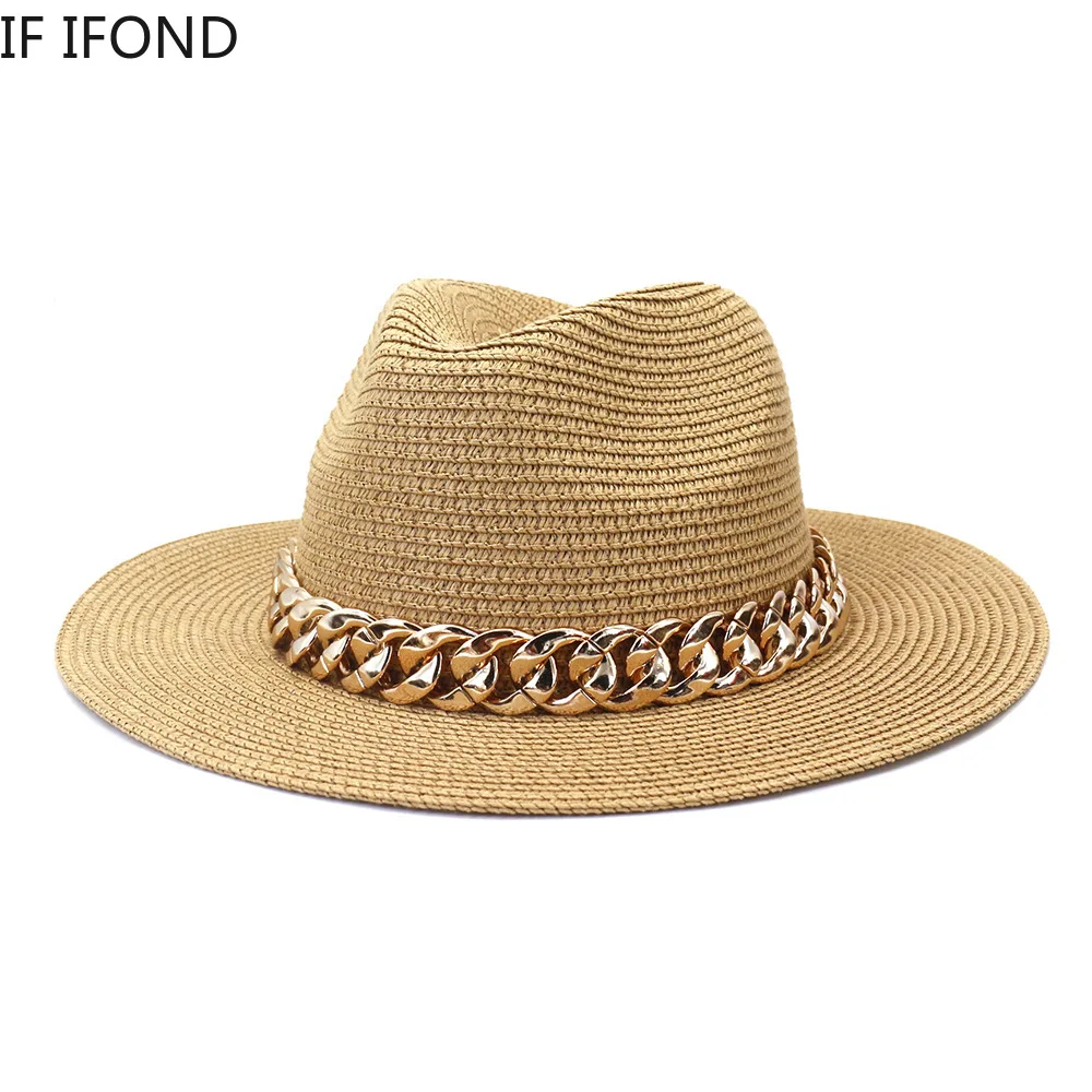 Fashion Gold Chain Belt Panama Straw Hats For Women Summer Breathable Beach Sun Hats Elegant Ladies Party Jazz Hat 1