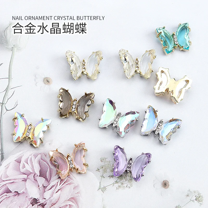 

10PCS 3D Silver Gold Alloy Edge-wrapped Aurora AB Colorful Crystal Butterfly Nail Art Rhinestones Decorations Manicure Ornaments