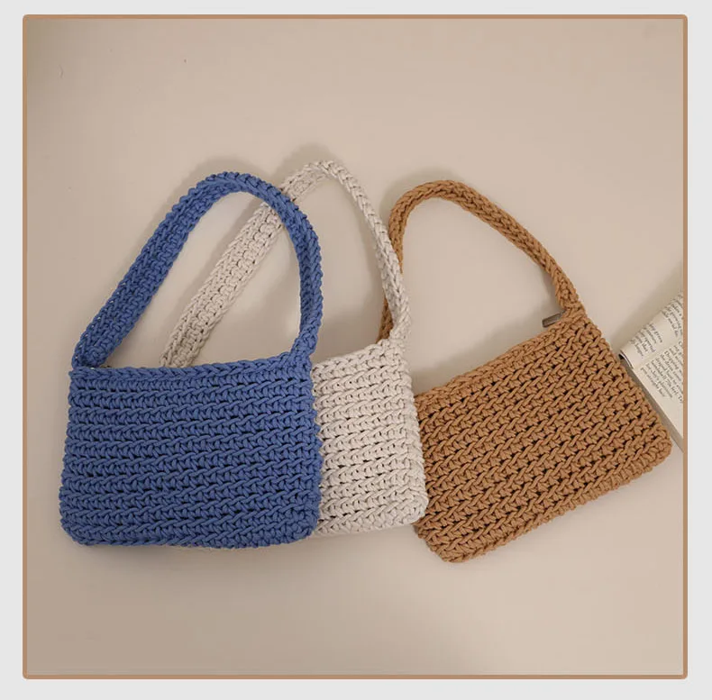 Hollow Out Hobo Bag Summer Colorful Handwoven Shoulder Strap Y2K Womens Fashion Beach Square Trendy Cute Small Straw Pocket Tote