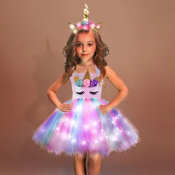 Girls Shiny Unicorn Tutu Dress Glowing Kids Unicorn Dresses For Girls Hallowmas Party Princess Dress Children Clothing Vestidos