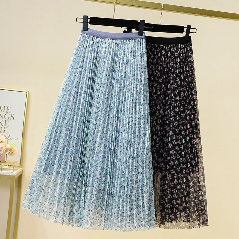 

Black Blue Floral Mesh Pleated Long Sweet Elegant High-Waisted Women'S Spring Autumn Winter Skirts Korean Style Fashion 2022