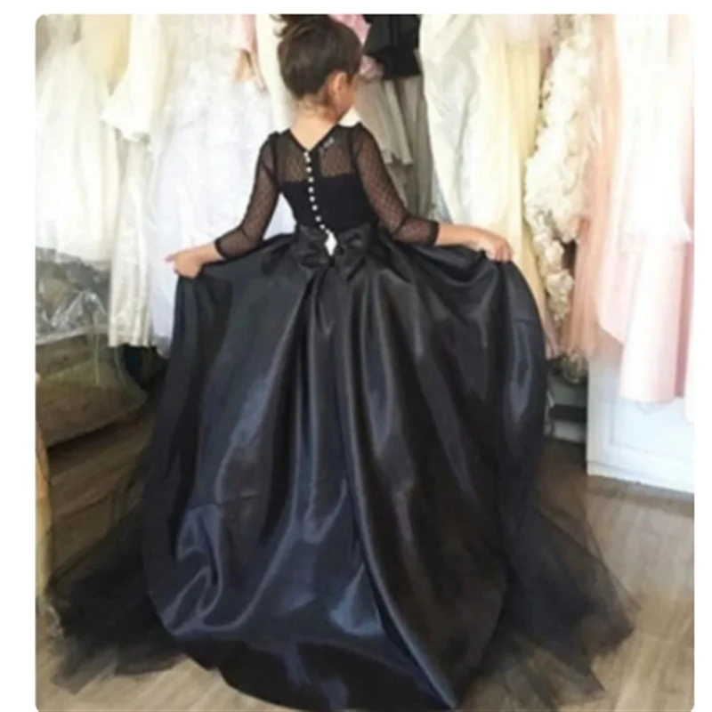 

Black Flower Girl Dresses For Girls Jewel Long Sleeve Pageant Dresses Teens Kids Customize Formal Wear Party Communion