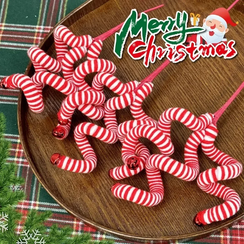 8/1x Wool Bell Candy Cane Ornaments Classic Holiday Season Tree Decor Christmas Plastic Swirl Stick Ornaments with Curly Picks