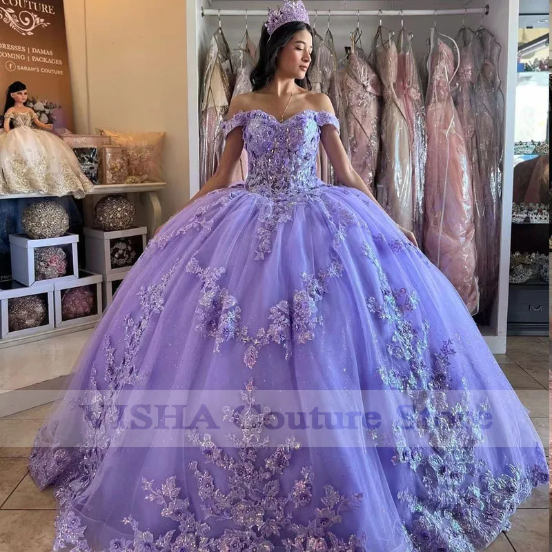 Lavender Quinceanera Dress Ball Gown 3D Flowers Appliques Lace Sweet 16 Princess Dresse vestidos de 15 años Lace-Up