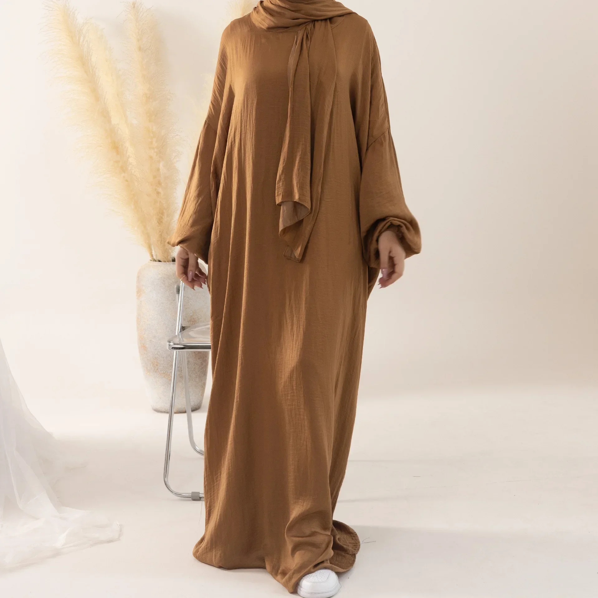 Jilbabs for Women Veiled Abaya with Integrated Hijab Scarf Balloon Sleeves Muslim Prayer Dress Ramadan Eid Islamic Clothes Dubai