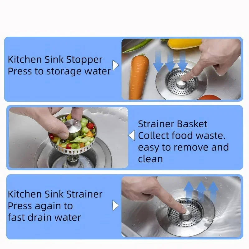 3 in 1 Kitchen Sink Strainer Stainless Steel Pop-Up Stopper Removable Anti Clogging Food Strainer
